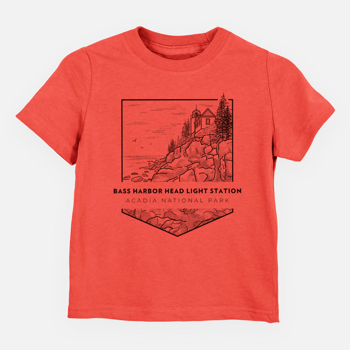 Passionfruit pink toddler t-shirt laid flat, printed with a black line art badge of Bass Harbor Head Light Station on a rocky cliff, with the words Acadia National Park.