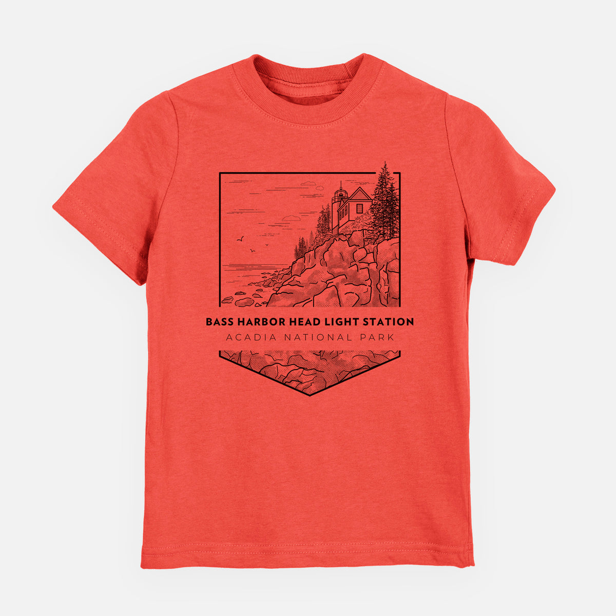 Passionfruit pink youth t-shirt laid flat, printed with a black line art badge of Bass Harbor Head Light Station on a rocky cliff, with the words Acadia National Park.