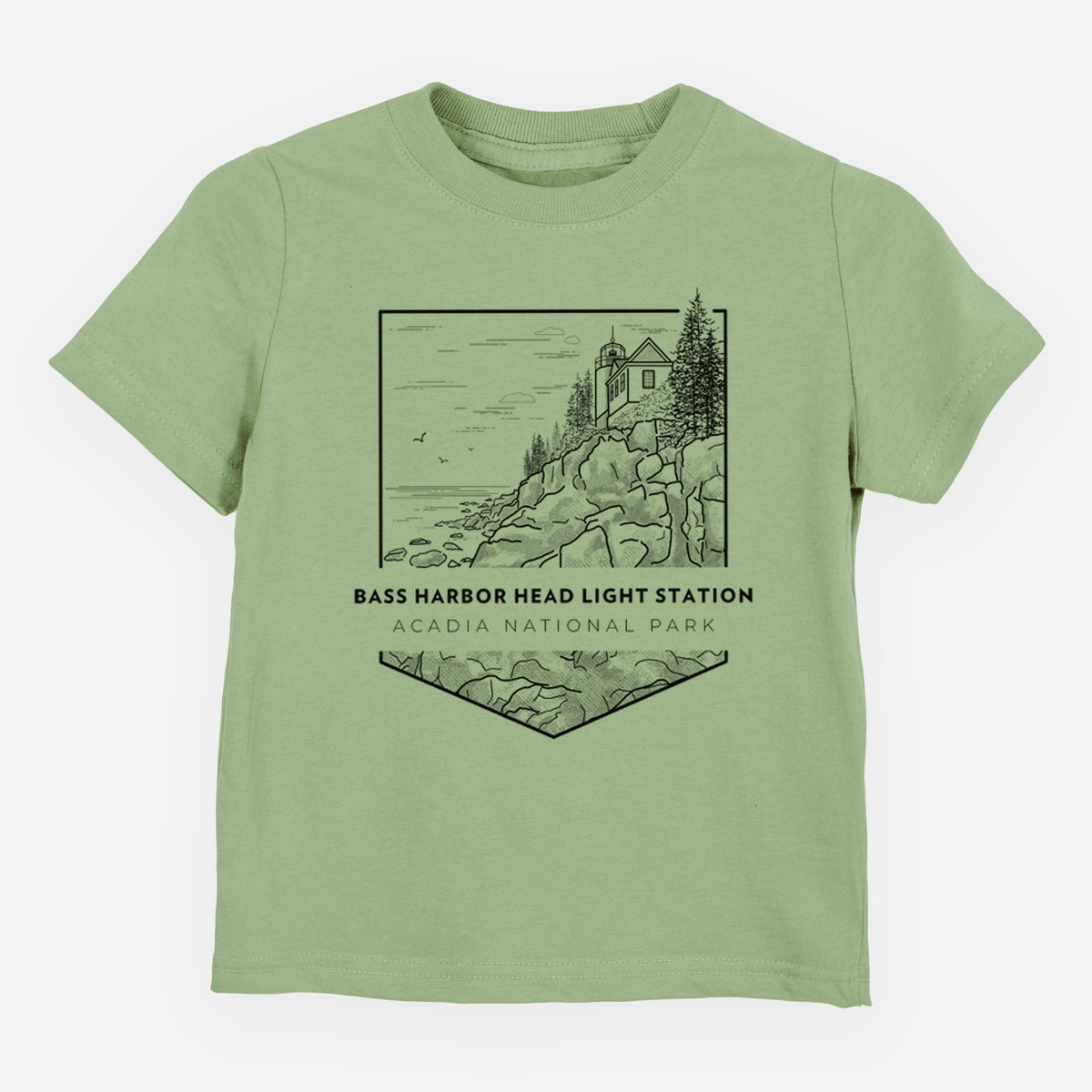 Sage green toddler t-shirt laid flat, printed with a black line art badge of Bass Harbor Head Light Station on a rocky cliff, with the words Acadia National Park.