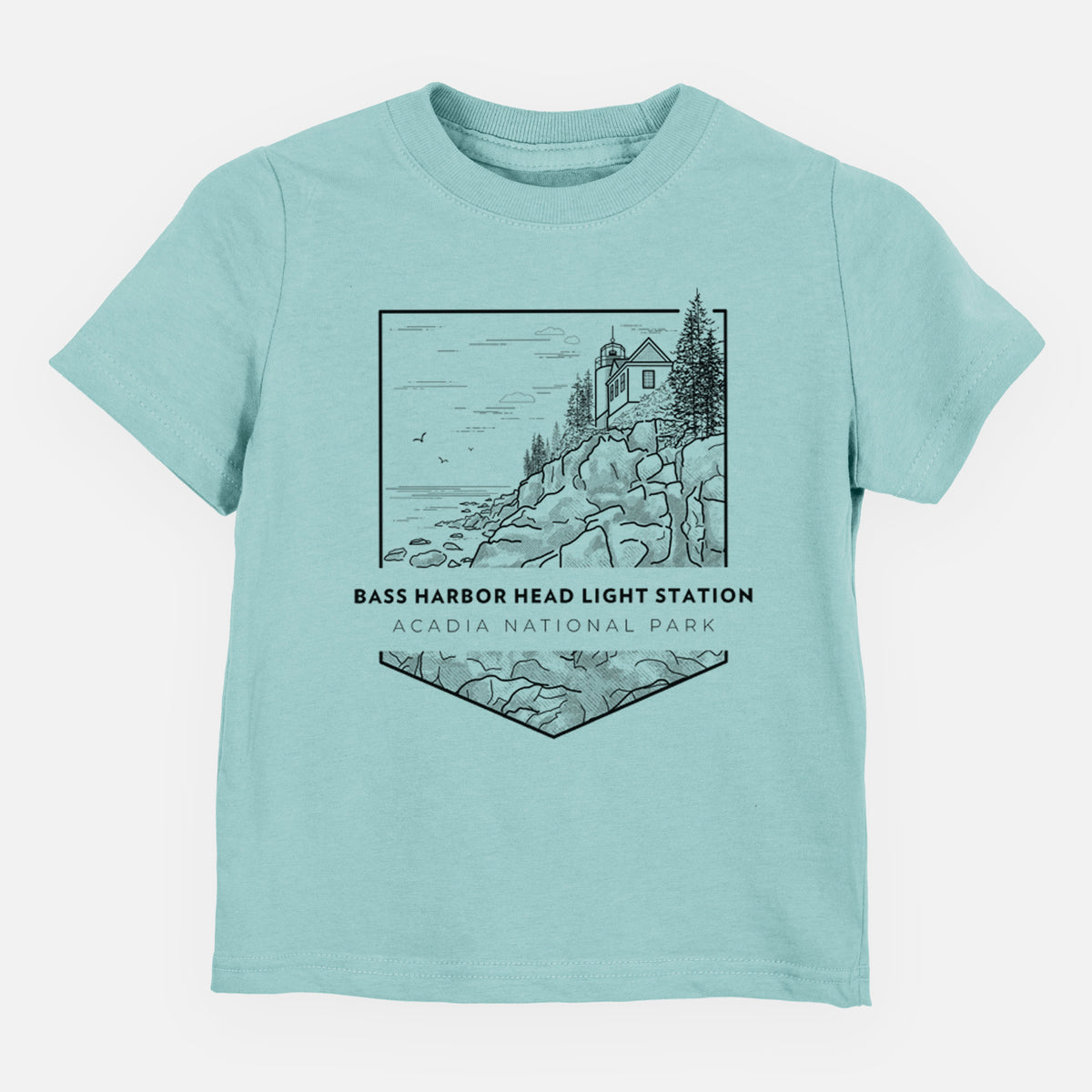 Saltwater toddler t-shirt laid flat, printed with a black line art badge of Bass Harbor Head Light Station on a rocky cliff, with the words Acadia National Park.