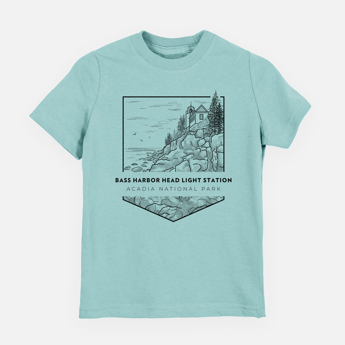 Saltwater youth t-shirt laid flat, printed with a black line art badge of Bass Harbor Head Light Station on a rocky cliff, with the words Acadia National Park.