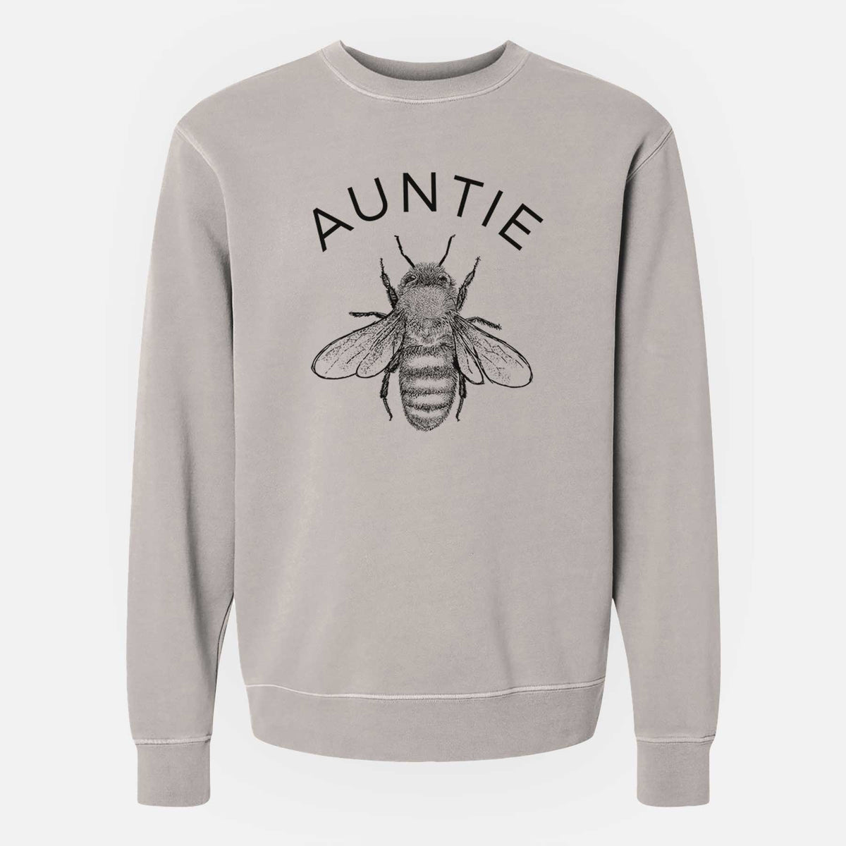 Cement grey pigment dyed crewneck sweatshirt laid flat, printed with a black ink honey bee beneath the word Auntie.