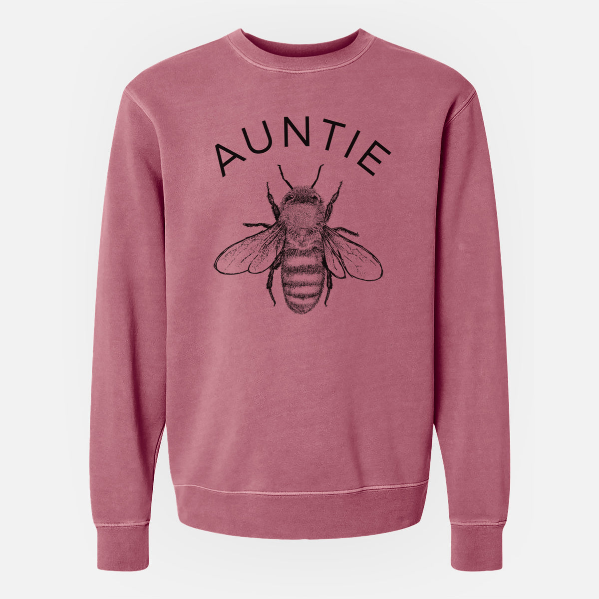 Maroon pigment dyed crewneck sweatshirt laid flat, printed with a black ink honey bee beneath the word Auntie.
