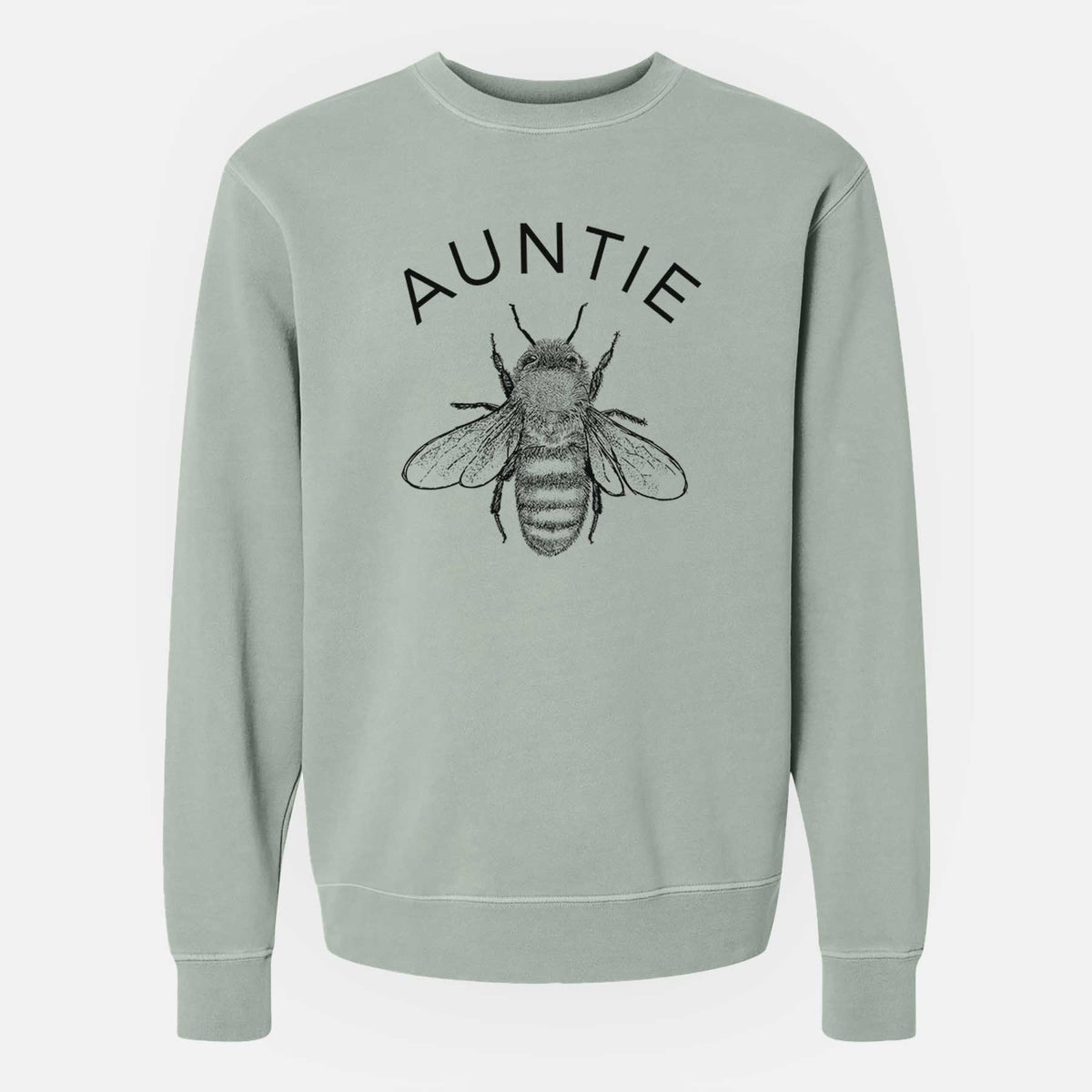 Sage green pigment dyed crewneck sweatshirt laid flat, printed with a black ink honey bee beneath the word Auntie.