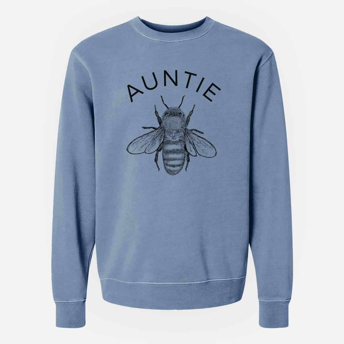 Slate blue pigment dyed crewneck sweatshirt laid flat, printed with a black ink honey bee beneath the word Auntie.