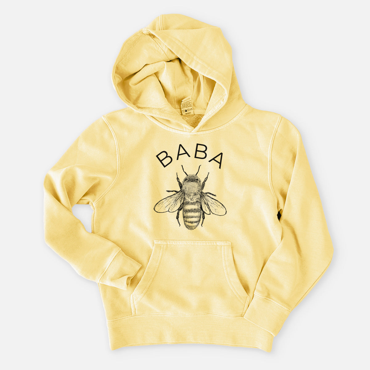 Pigment yellow youth pigment dyed hoodie laid flat, printed with a black ink honey bee beneath the word Baba.