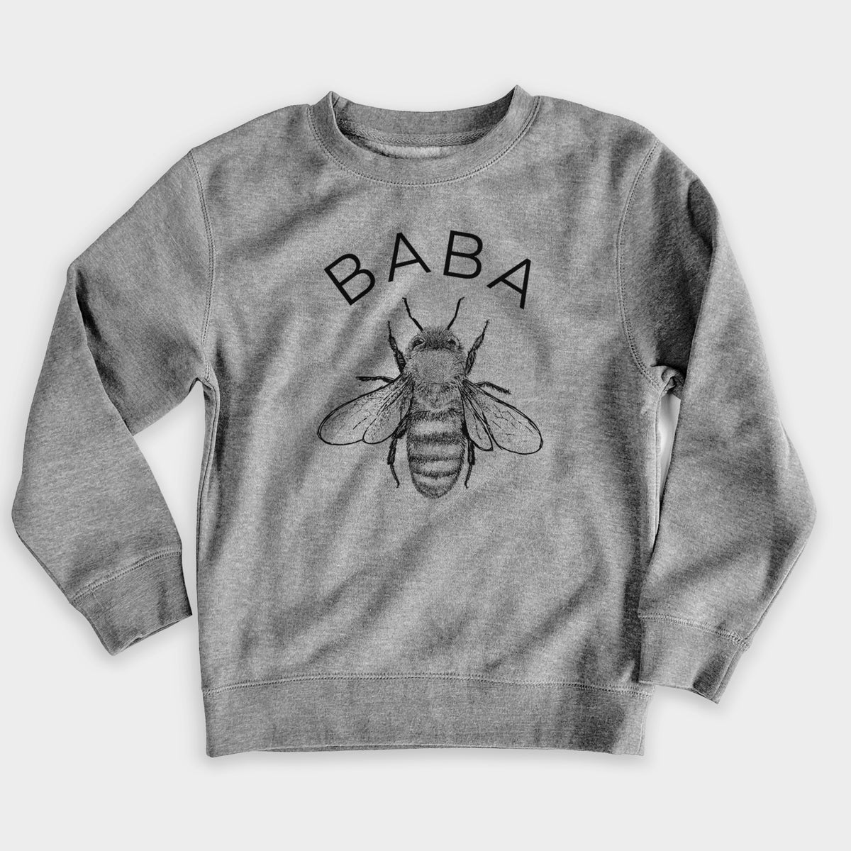 Nickel grey youth crewneck sweatshirt laid flat, printed with a black ink honey bee beneath the word Baba.