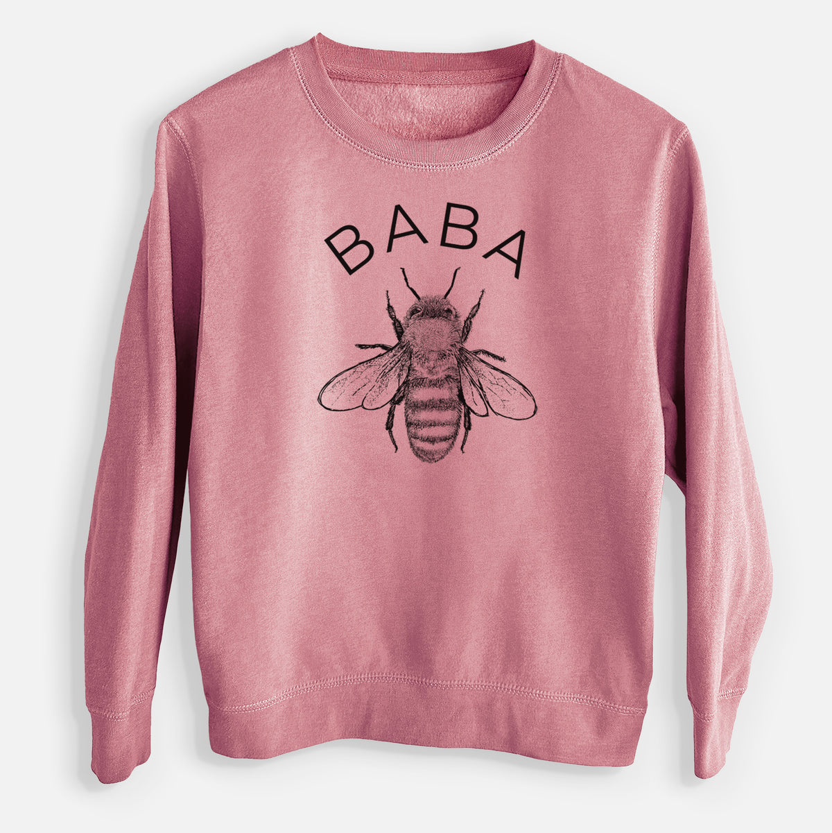 Mauve pink youth crewneck sweatshirt laid flat, printed with a black ink honey bee beneath the word Baba.