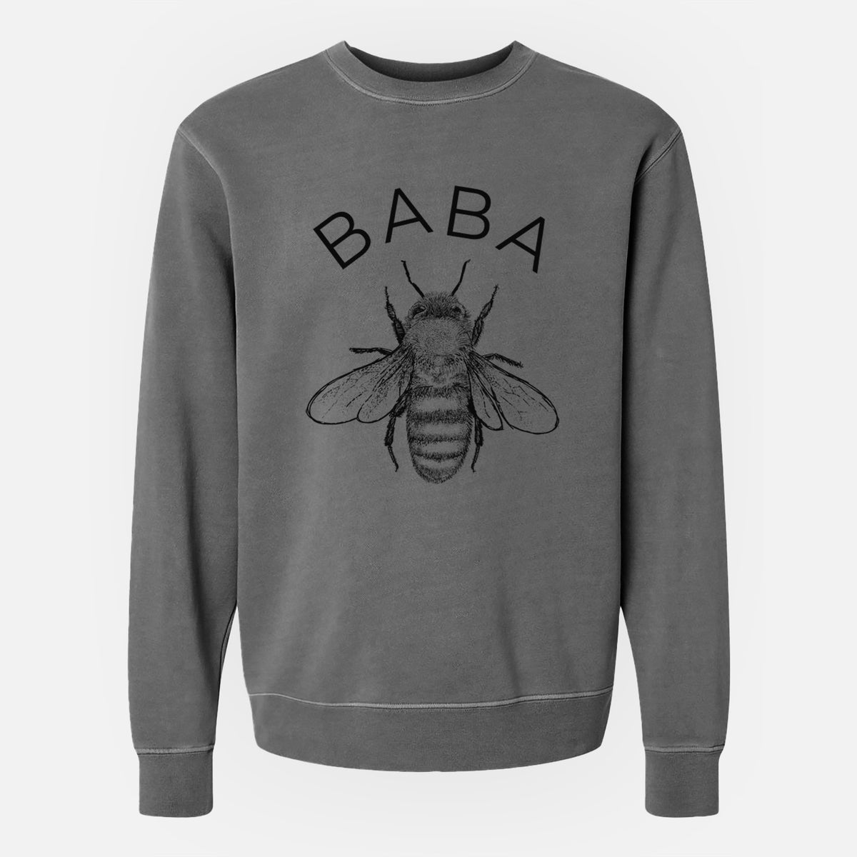 Faded black pigment dyed crewneck sweatshirt laid flat, printed with a black ink honey bee beneath the word Baba.