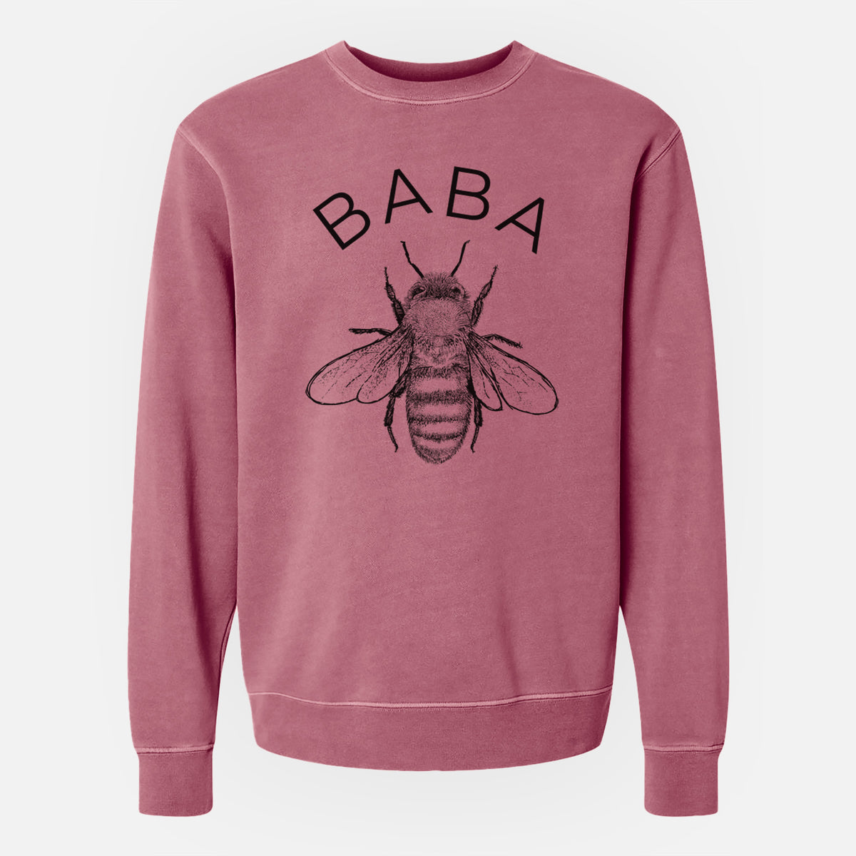 Maroon pigment dyed crewneck sweatshirt laid flat, printed with a black ink honey bee beneath the word Baba.