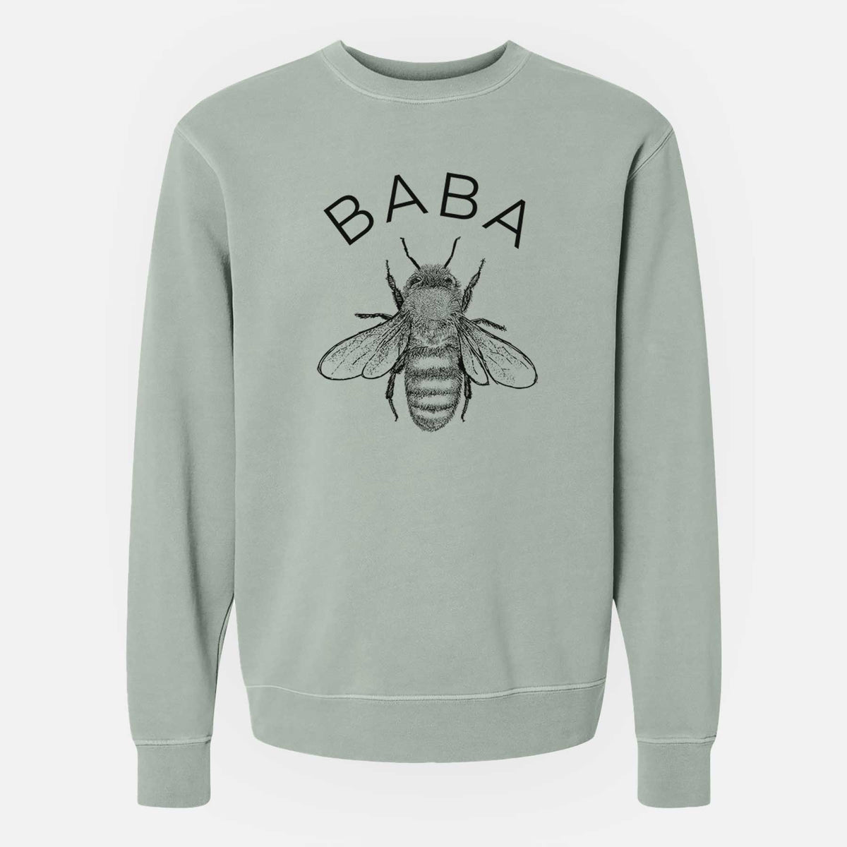 Sage green pigment dyed crewneck sweatshirt laid flat, printed with a black ink honey bee beneath the word Baba.