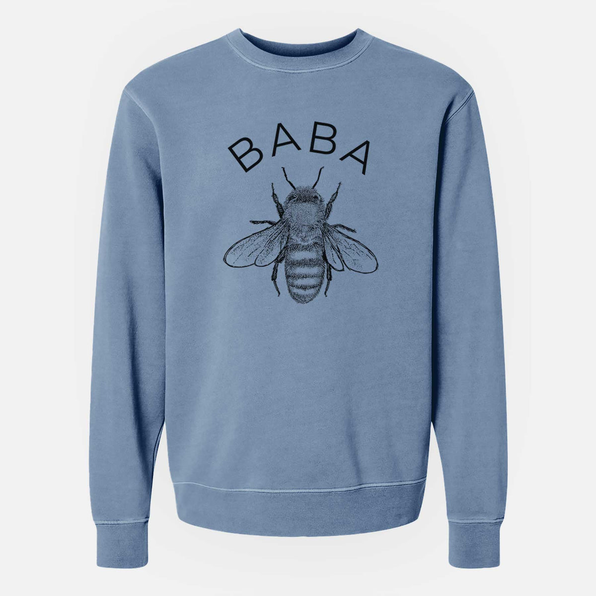 Slate blue pigment dyed crewneck sweatshirt laid flat, printed with a black ink honey bee beneath the word Baba.