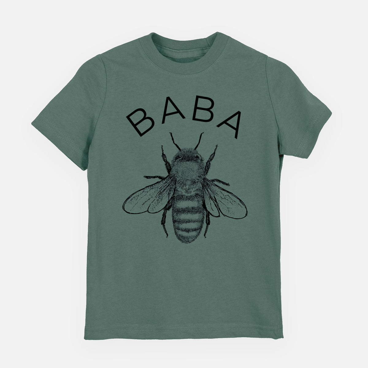 Basil green youth t-shirt laid flat, printed with a black ink honey bee beneath the word Baba.