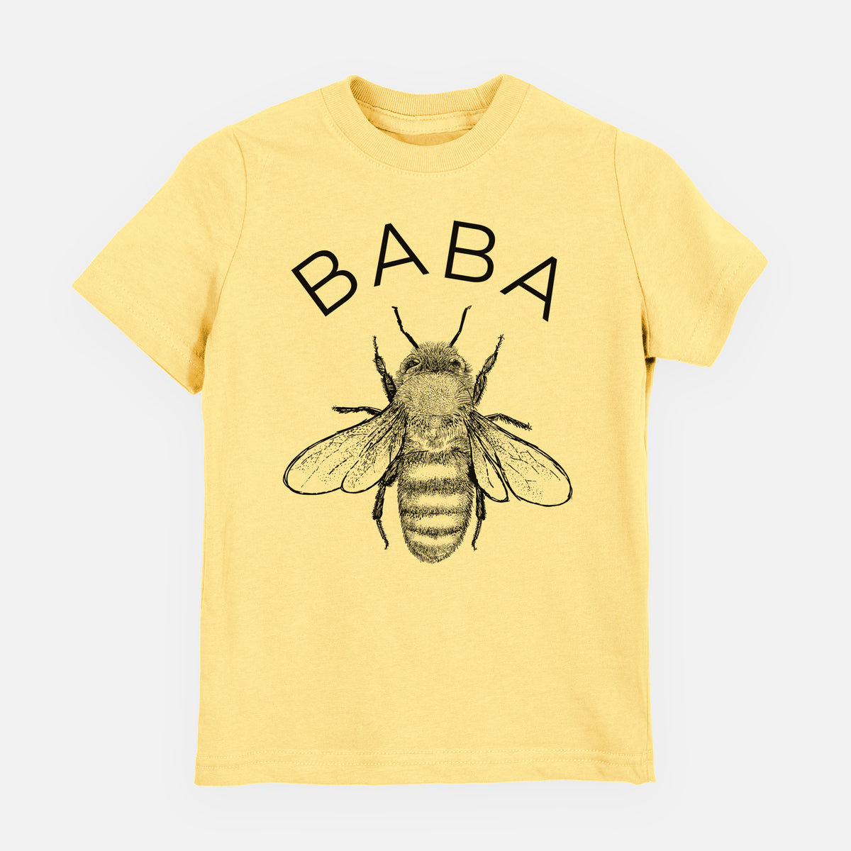Butter yellow youth t-shirt laid flat, printed with a black ink honey bee beneath the word Baba.