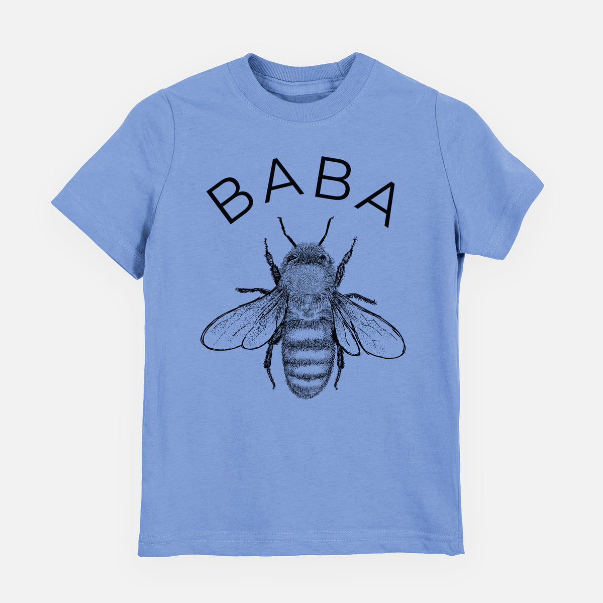 Carolina blue youth t-shirt laid flat, printed with a black ink honey bee beneath the word Baba.
