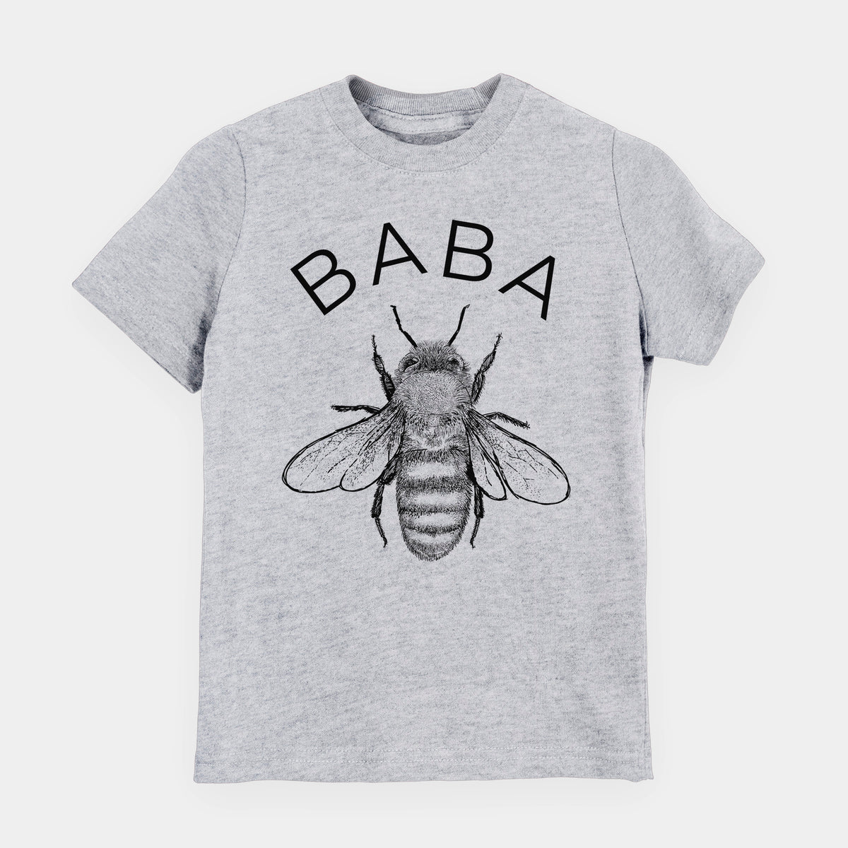 Heather grey youth t-shirt laid flat, printed with a black ink honey bee beneath the word Baba.
