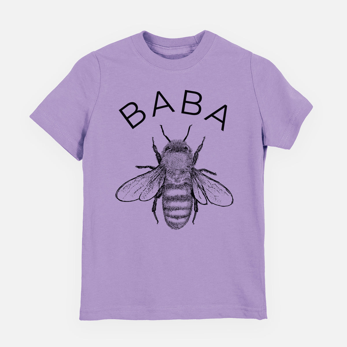 Lavender youth t-shirt laid flat, printed with a black ink honey bee beneath the word Baba.