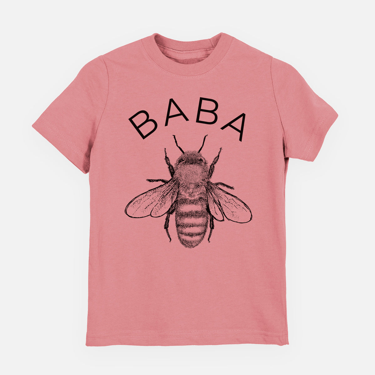 Mauve pink youth t-shirt laid flat, printed with a black ink honey bee beneath the word Baba.