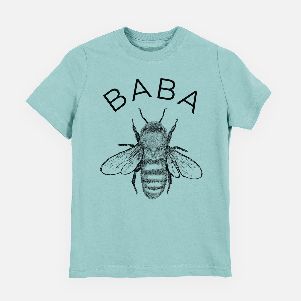 Saltwater youth t-shirt laid flat, printed with a black ink honey bee beneath the word Baba.