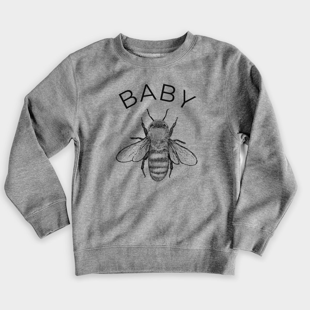 Nickel grey youth crewneck sweatshirt laid flat, printed with a black ink honey bee beneath the word Baby.