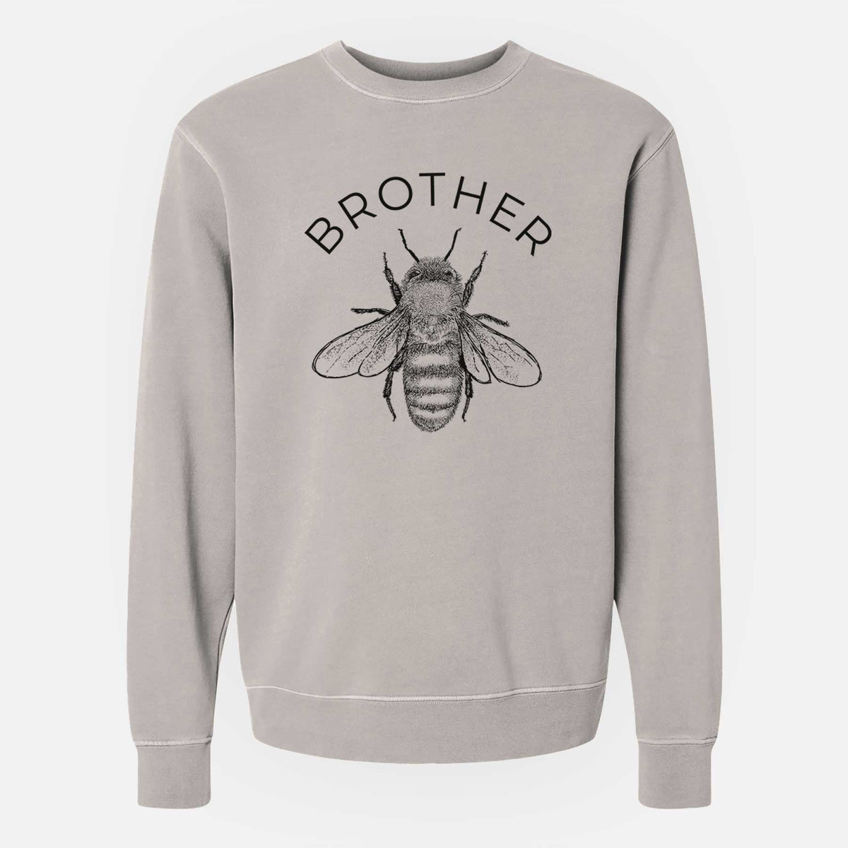 Cement grey pigment dyed crewneck sweatshirt laid flat, printed with a black ink honey bee beneath the word Brother.