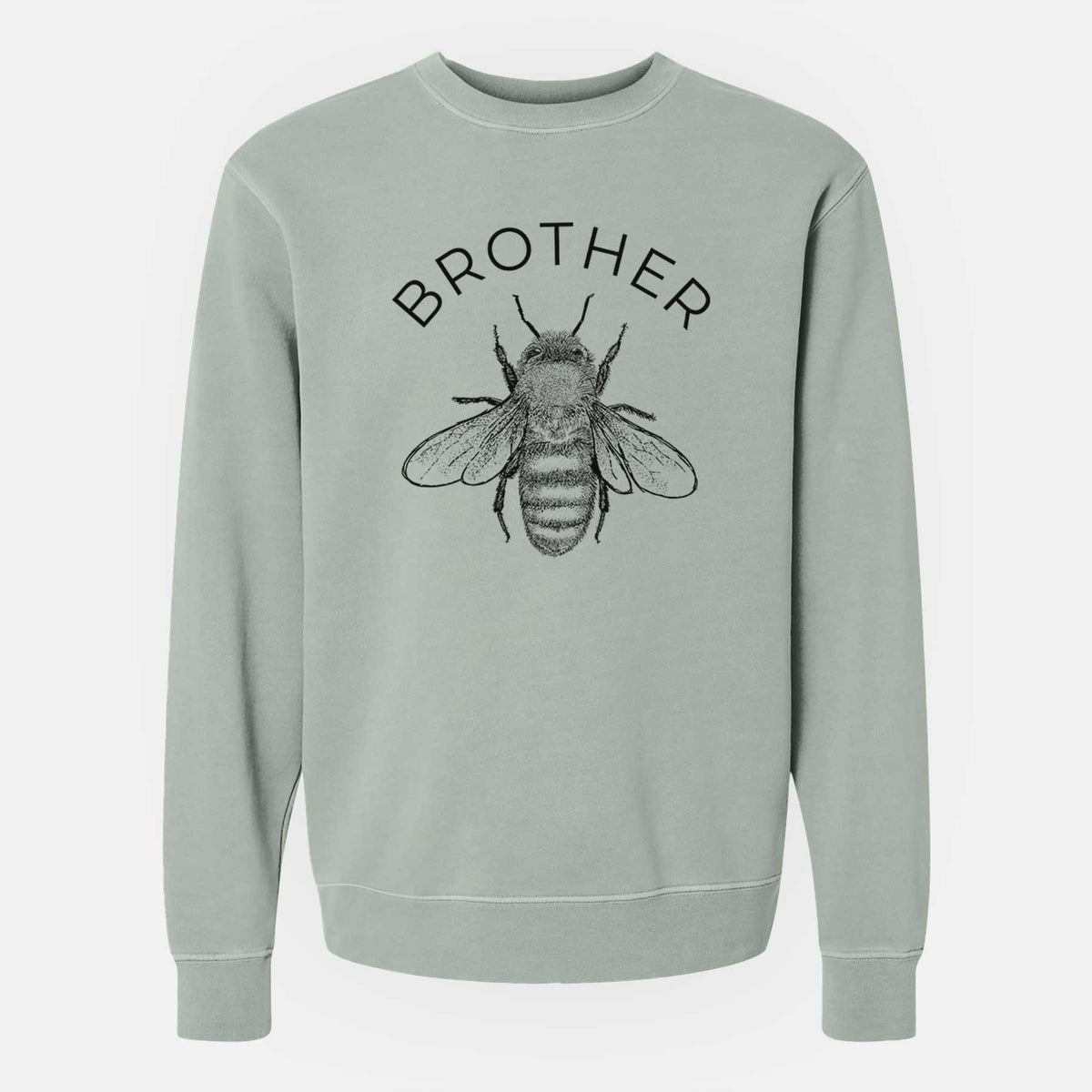 Sage green pigment dyed crewneck sweatshirt laid flat, printed with a black ink honey bee beneath the word Brother.
