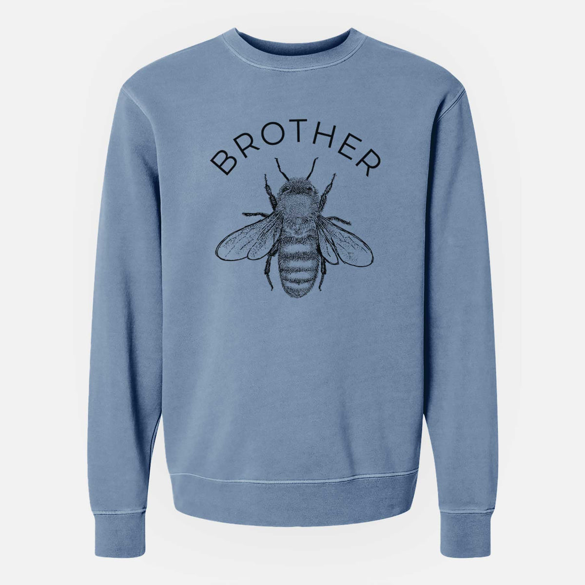 Slate blue pigment dyed crewneck sweatshirt laid flat, printed with a black ink honey bee beneath the word Brother.