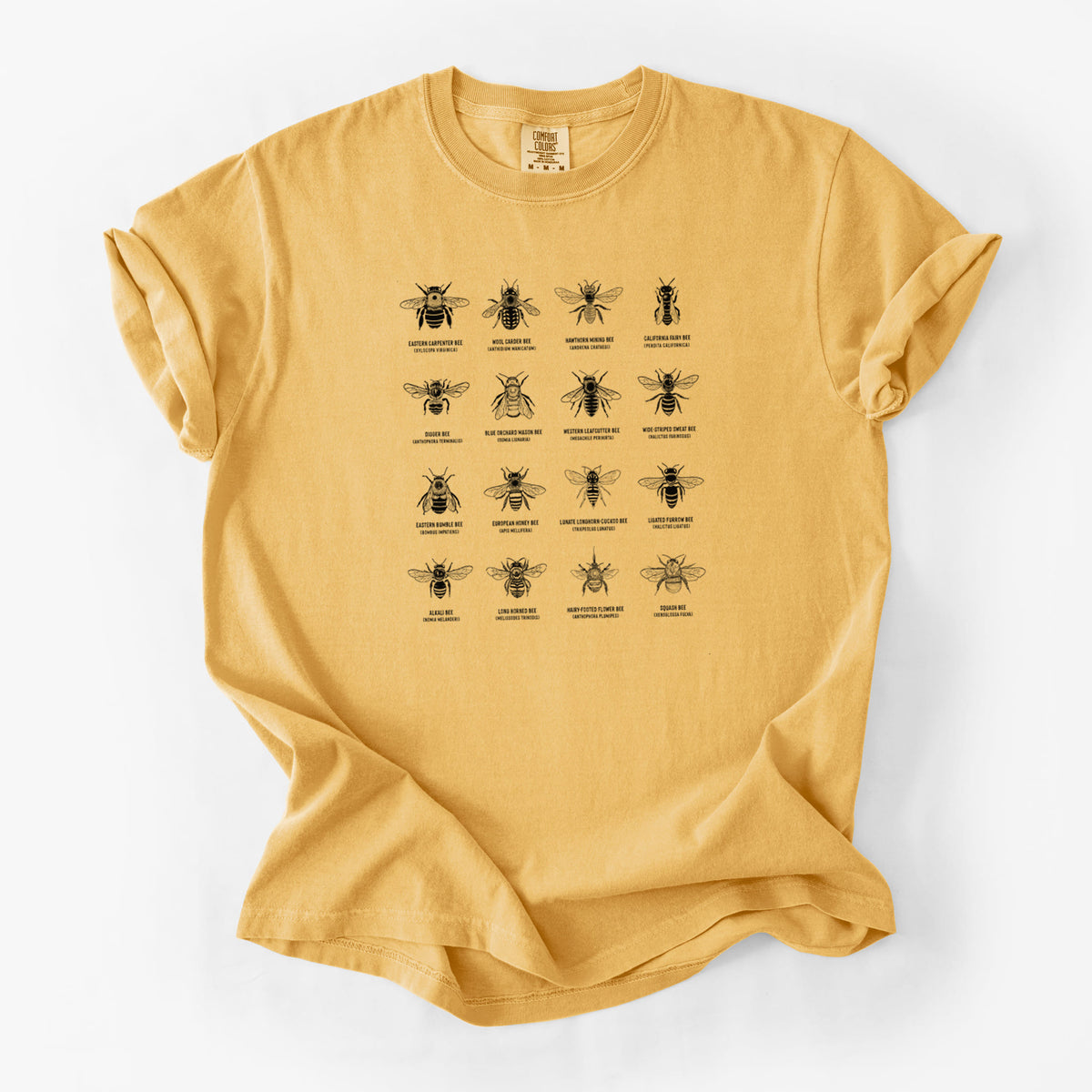 Golden wheat yellow Comfort Colors t-shirt laid flat, printed with a chart of black ink illustrations of different bee species with their names.