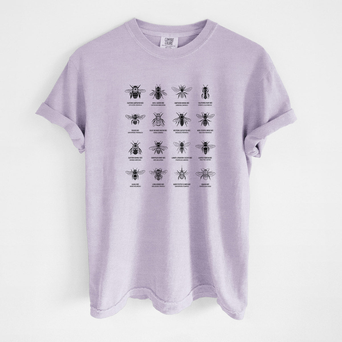 Orchid purple Comfort Colors t-shirt laid flat, printed with a chart of black ink illustrations of different bee species with their names.