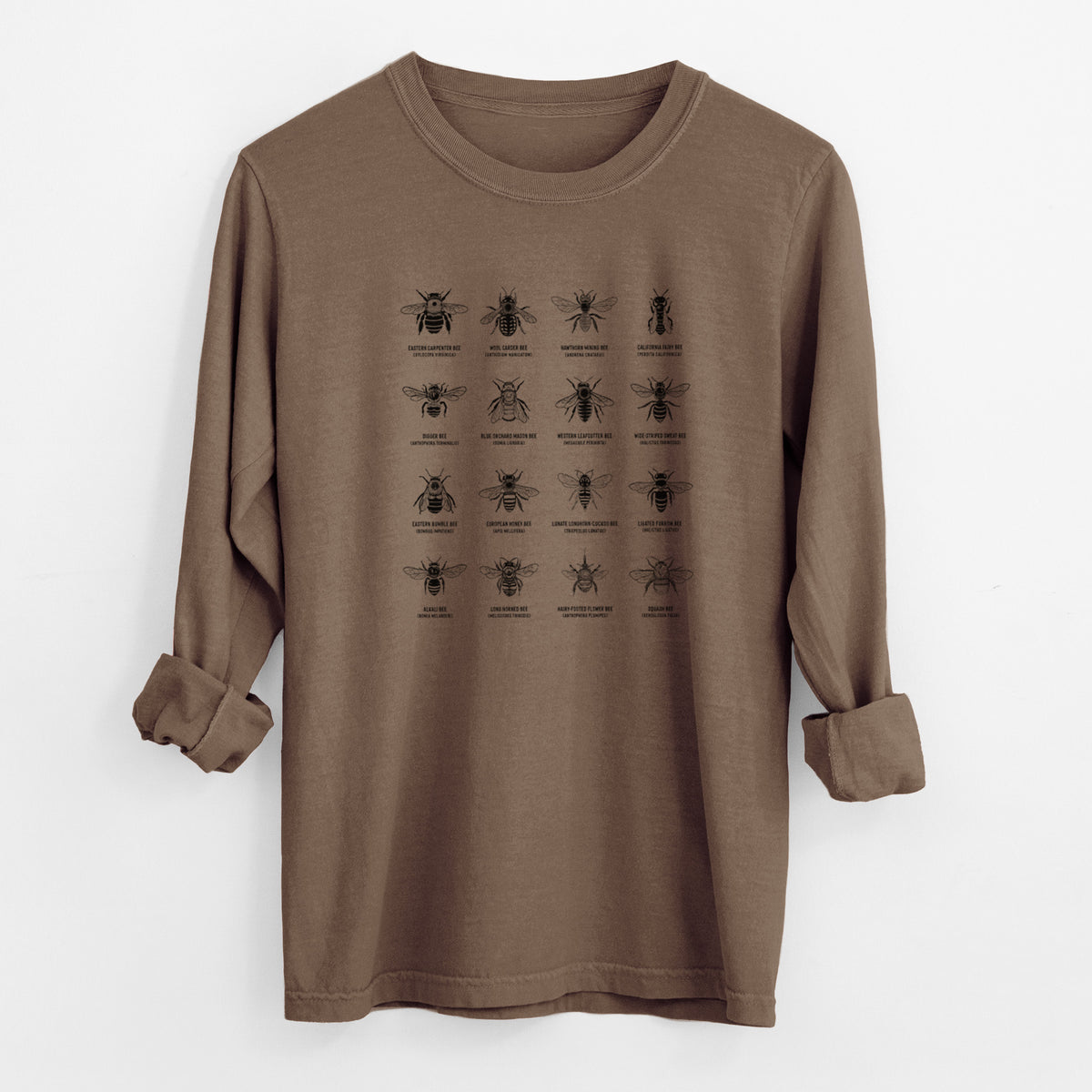 Espresso brown Comfort Colors long sleeve shirt laid flat with the cuffs rolled, printed with a chart of black ink illustrations of different bee species with their names.