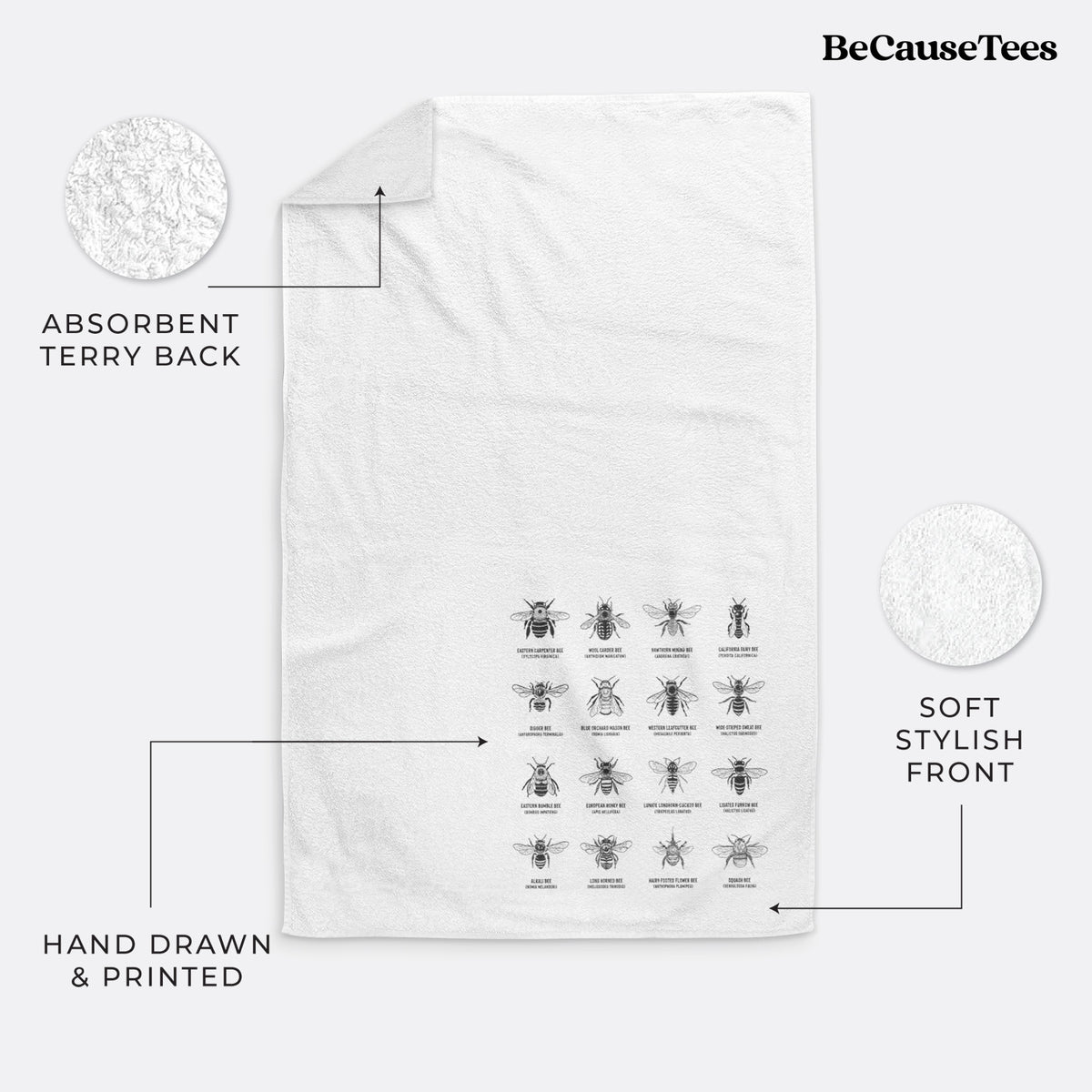 White hand towel printed with a chart of black ink illustrations of different bee species with their names.