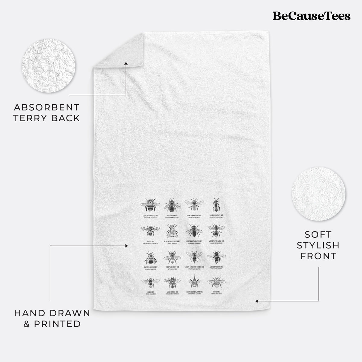 White hand towel printed with a chart of black ink illustrations of different bee species with their names.