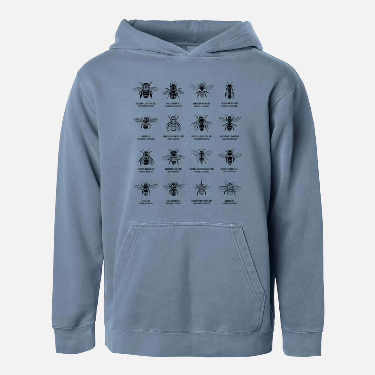Slate blue youth pigment dyed hoodie laid flat, printed with a chart of black ink illustrations of different bee species with their names.