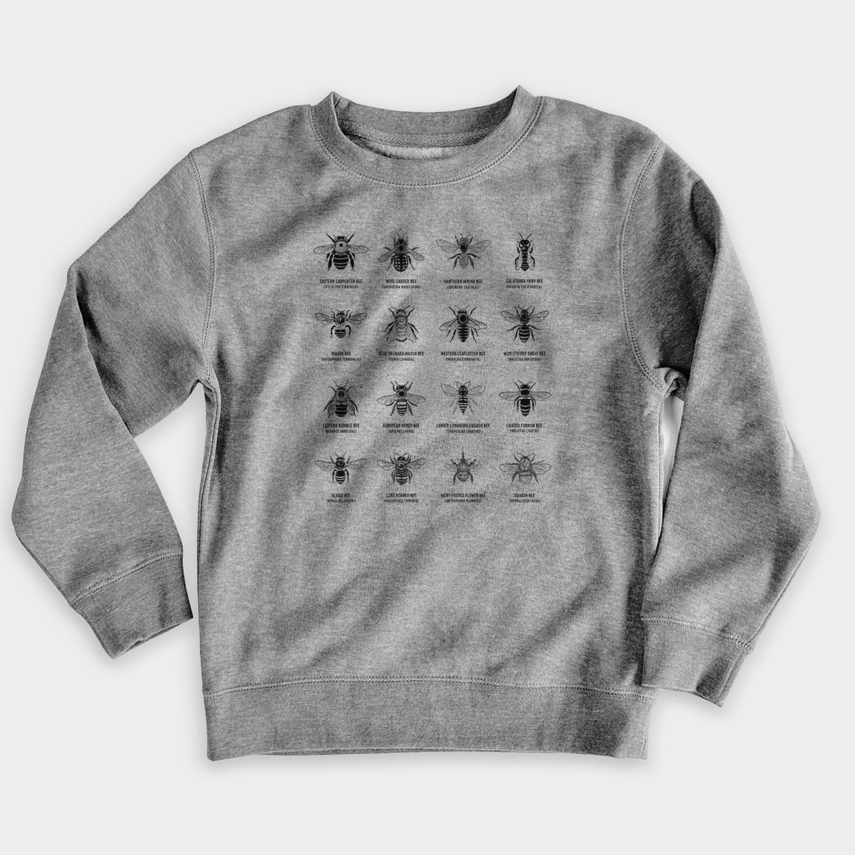 Nickel grey youth crewneck sweatshirt laid flat, printed with a chart of black ink illustrations of different bee species with their names.