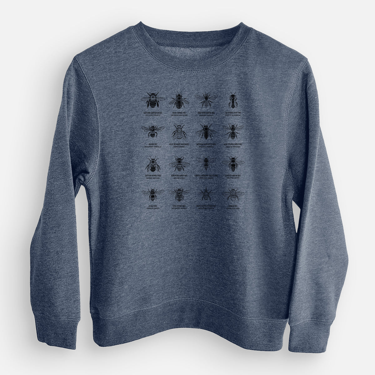 Storm blue youth crewneck sweatshirt laid flat, printed with a chart of black ink illustrations of different bee species with their names.
