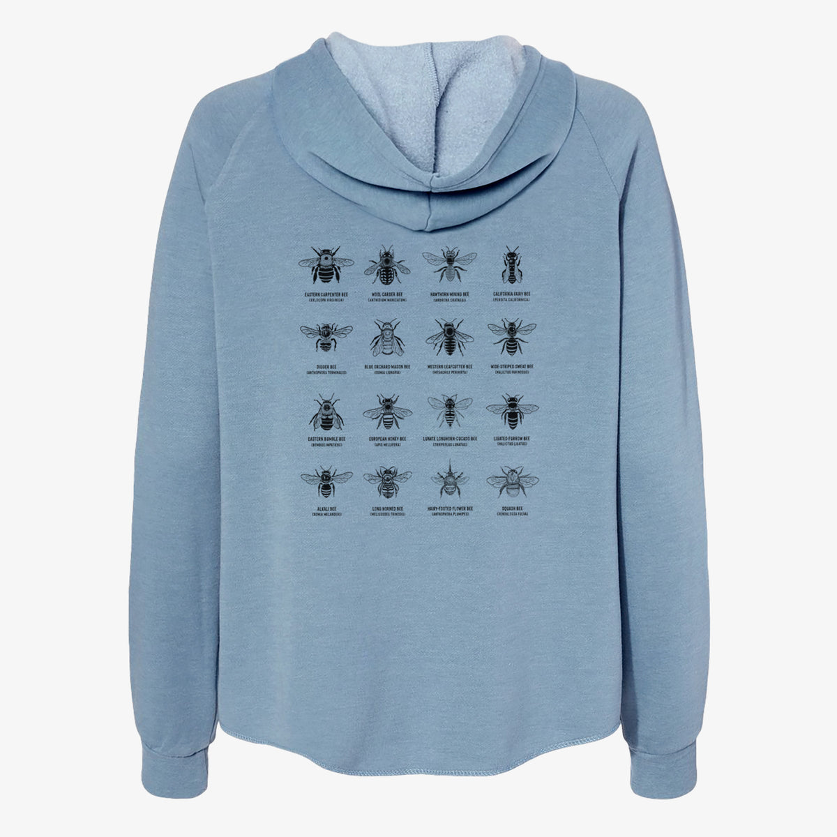 Misty blue women's Cali Wave zip-up sweatshirt laid flat, printed with a chart of black ink illustrations of different bee species with their names.