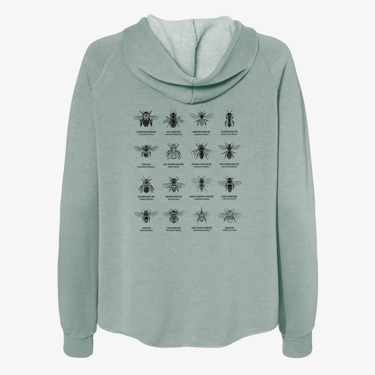 Sage green women's Cali Wave zip-up sweatshirt laid flat, printed with a chart of black ink illustrations of different bee species with their names.