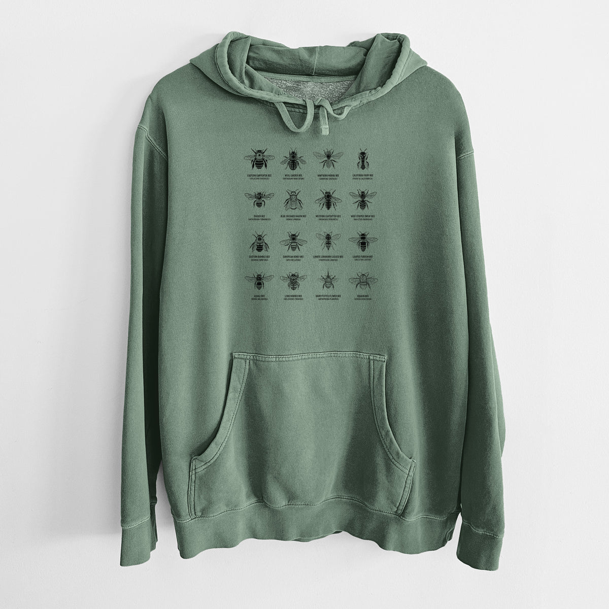 Alpine green pigment dyed hoodie laid flat, printed with a chart of black ink illustrations of different bee species with their names.