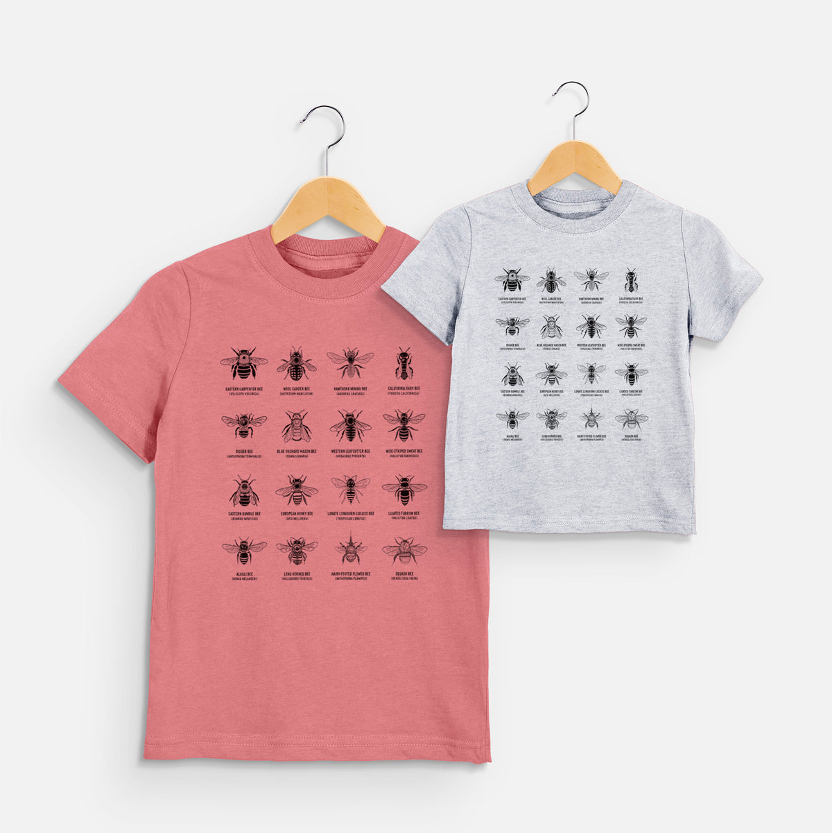 Two youth t-shirts in different colors on hangers, printed with a chart of black ink illustrations of different bee species with their names.