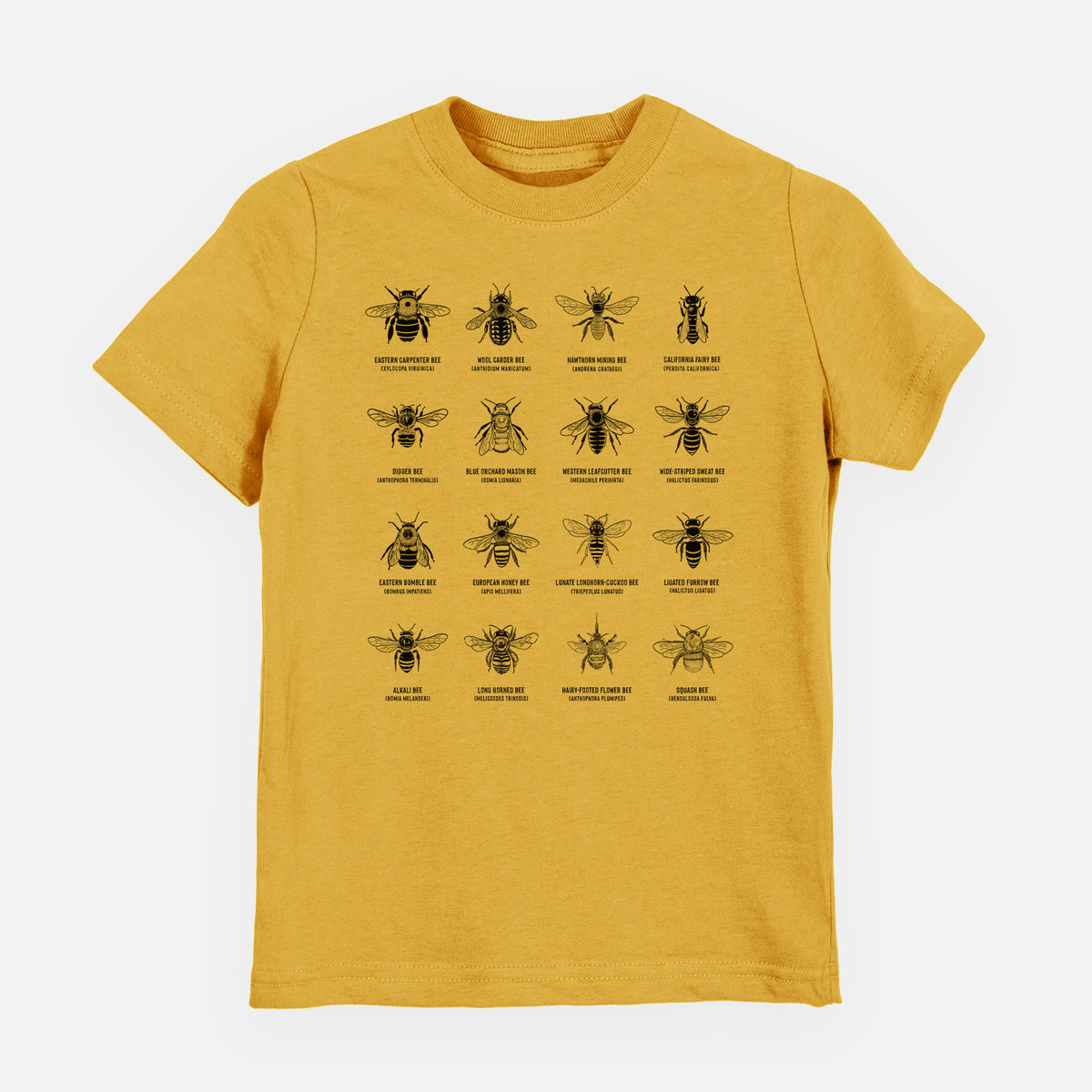 Honeycomb yellow youth t-shirt laid flat, printed with a chart of black ink illustrations of different bee species with their names.