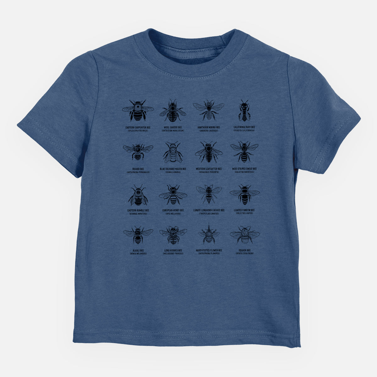 Indigo blue toddler t-shirt laid flat, printed with a chart of black ink illustrations of different bee species with their names.