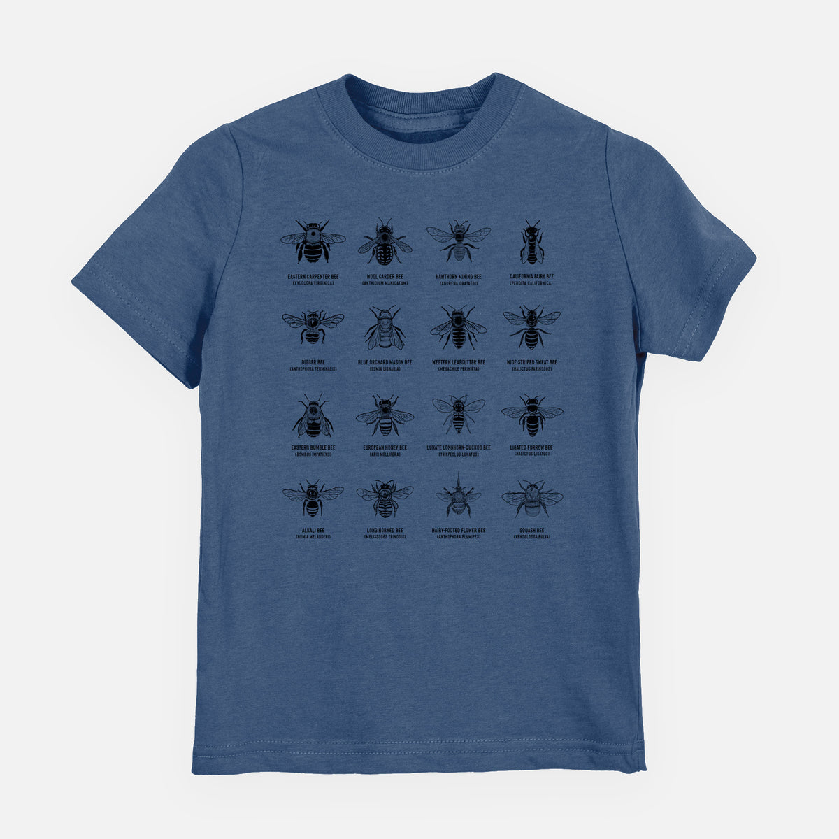 Indigo blue youth t-shirt laid flat, printed with a chart of black ink illustrations of different bee species with their names.