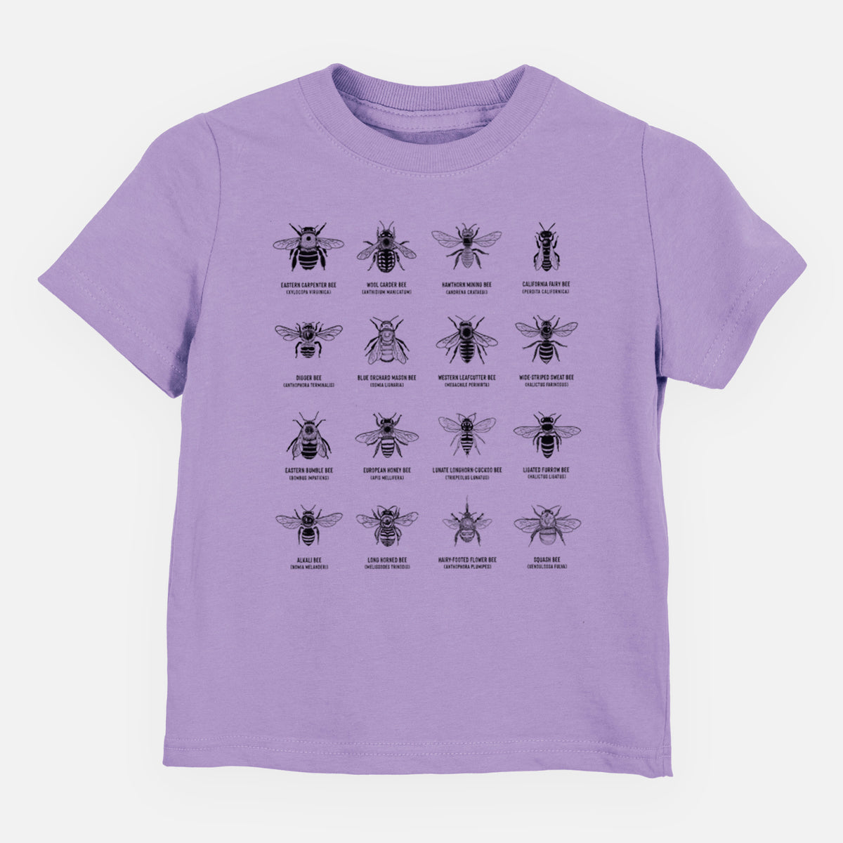 Lavender toddler t-shirt laid flat, printed with a chart of black ink illustrations of different bee species with their names.