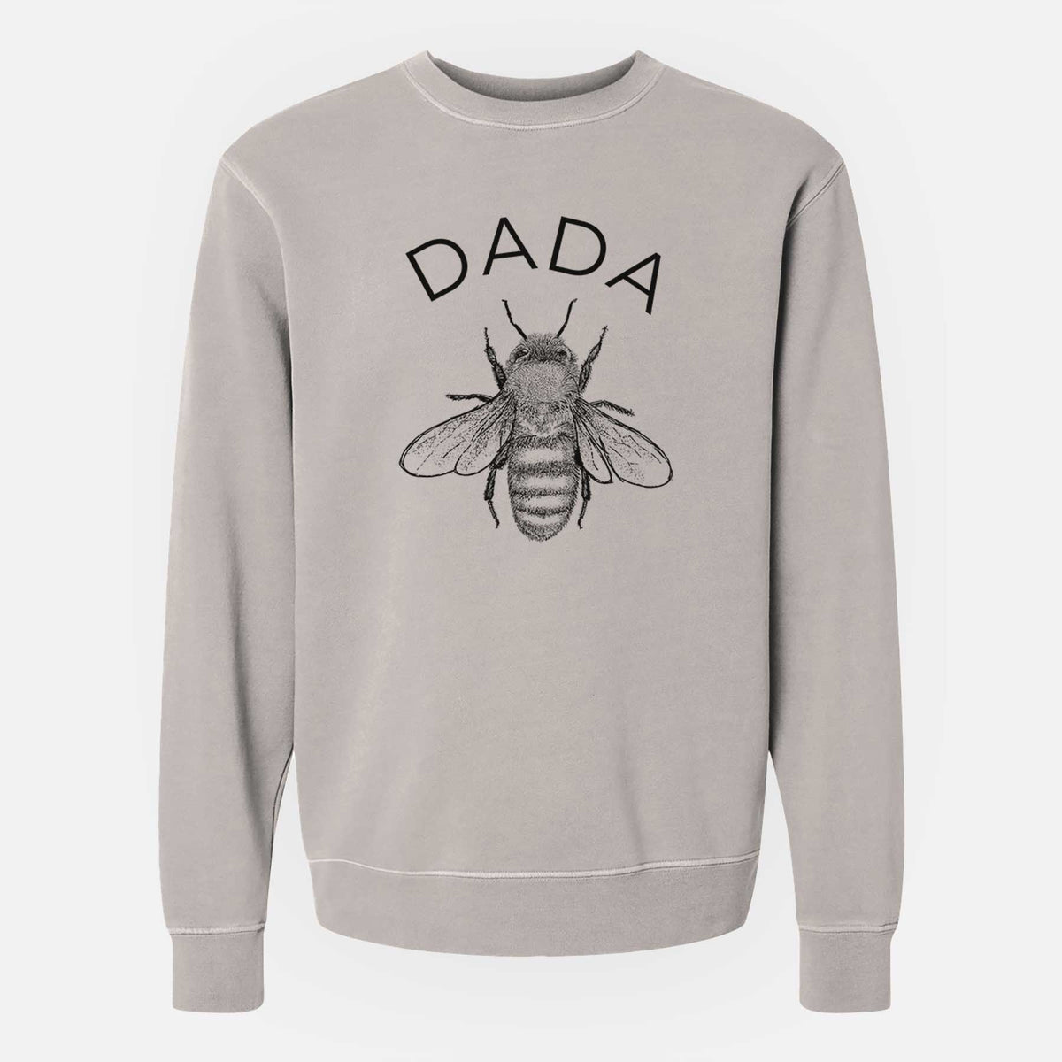 Cement grey pigment dyed crewneck sweatshirt laid flat, printed with a black ink honey bee beneath the word Dada.