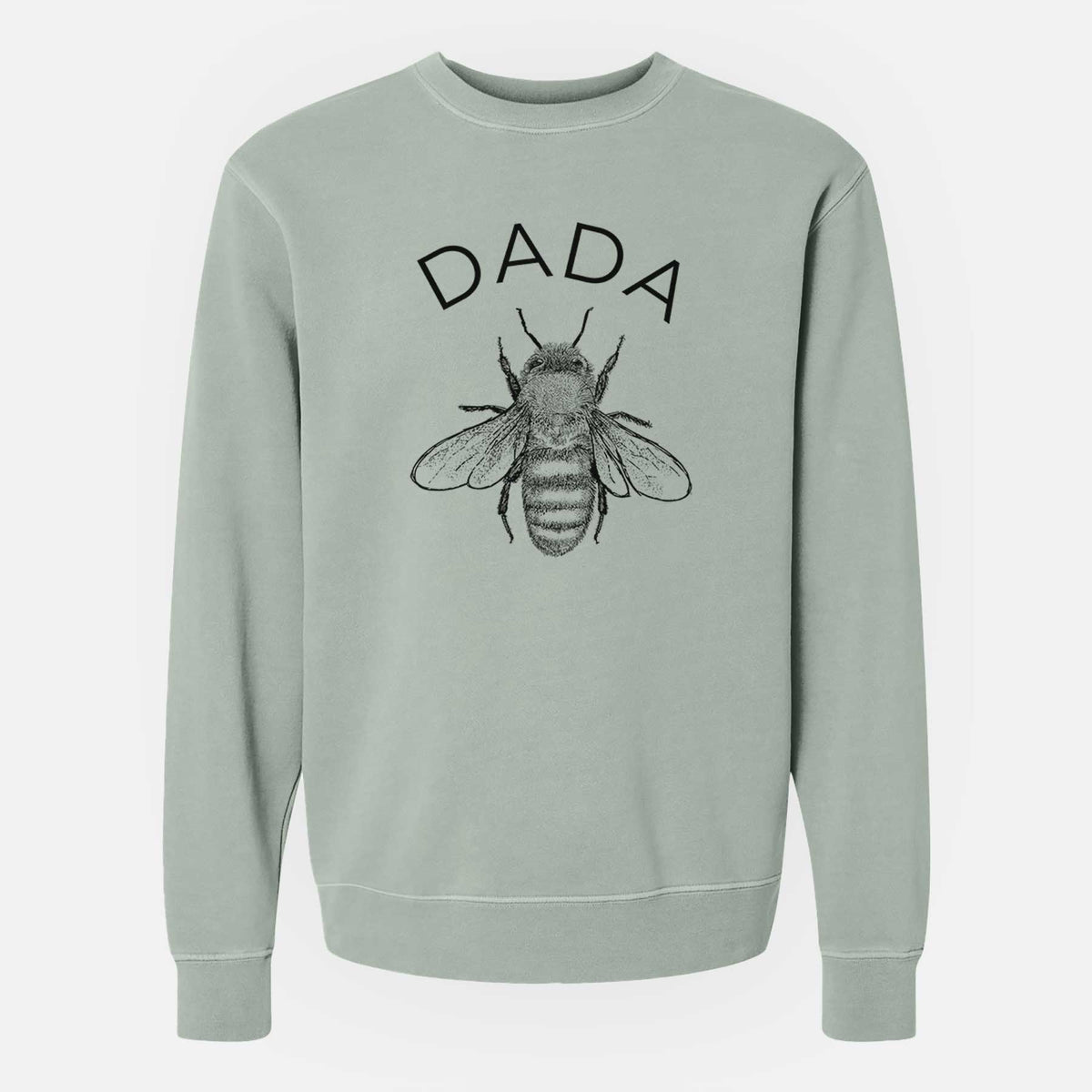 Sage green pigment dyed crewneck sweatshirt laid flat, printed with a black ink honey bee beneath the word Dada.