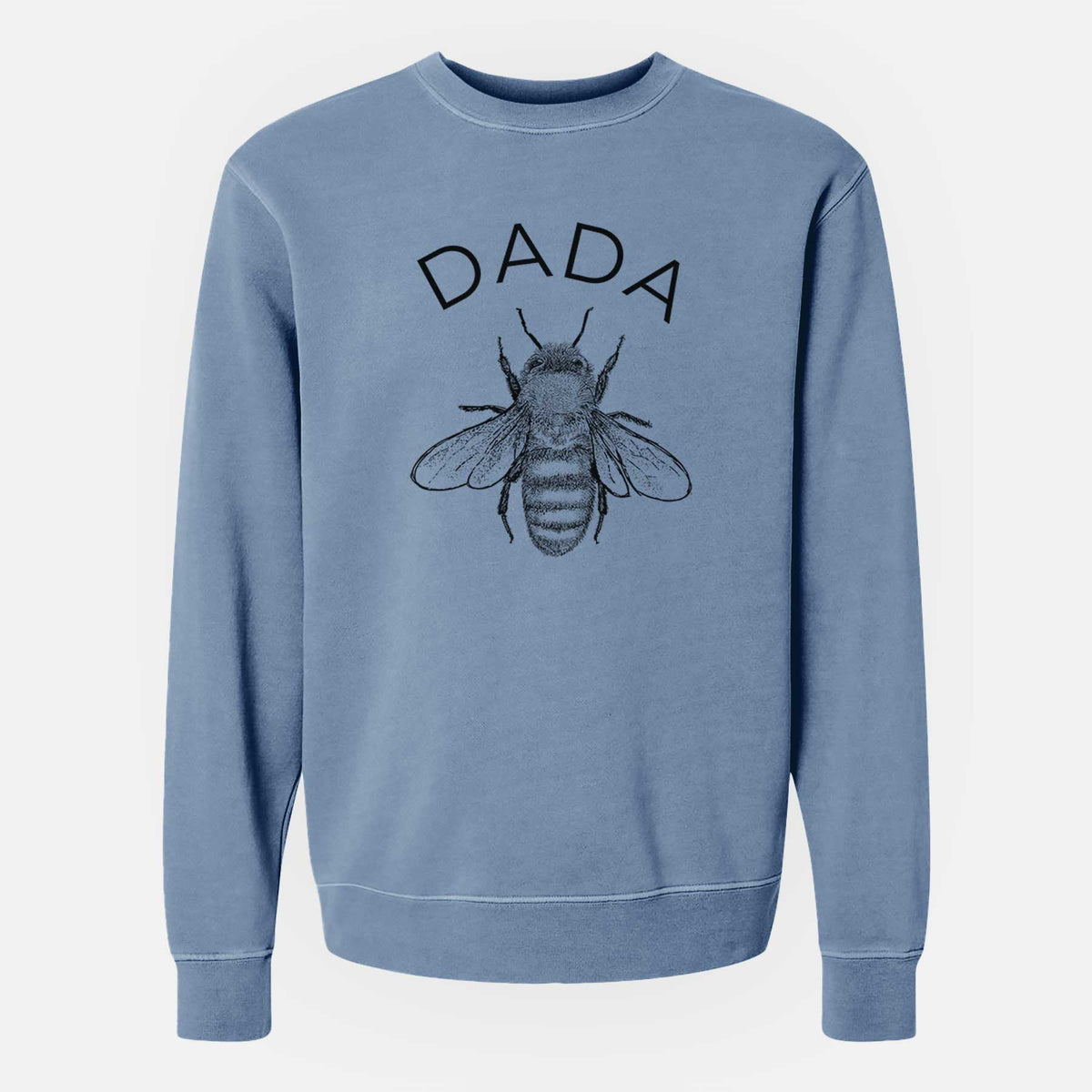 Slate blue pigment dyed crewneck sweatshirt laid flat, printed with a black ink honey bee beneath the word Dada.