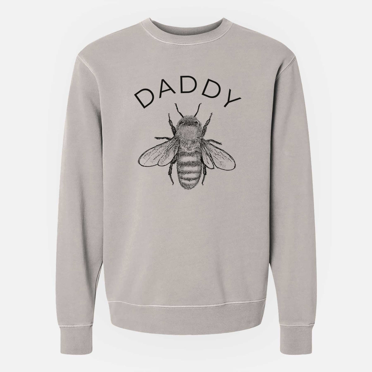 Cement grey pigment dyed crewneck sweatshirt laid flat, printed with a black ink honey bee beneath the word Daddy.