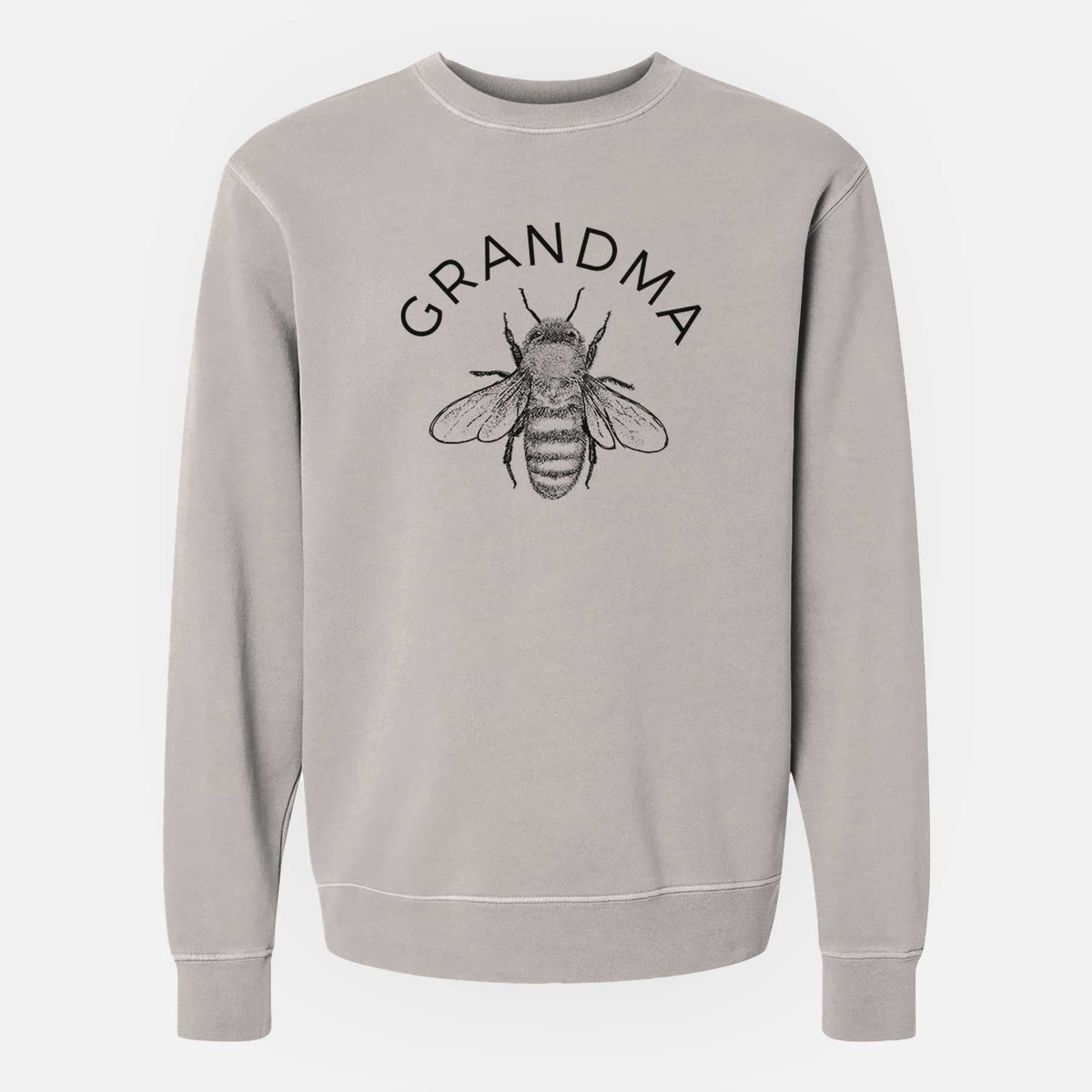 Cement grey pigment dyed crewneck sweatshirt laid flat, printed with a black ink honey bee beneath the word Grandma.