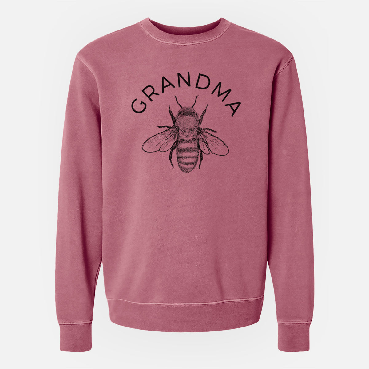 Maroon pigment dyed crewneck sweatshirt laid flat, printed with a black ink honey bee beneath the word Grandma.