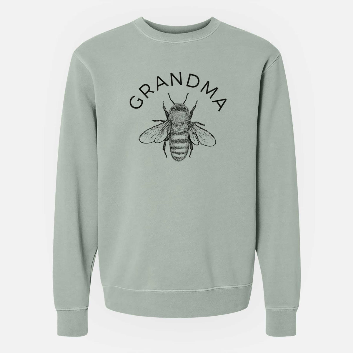 Sage green pigment dyed crewneck sweatshirt laid flat, printed with a black ink honey bee beneath the word Grandma.